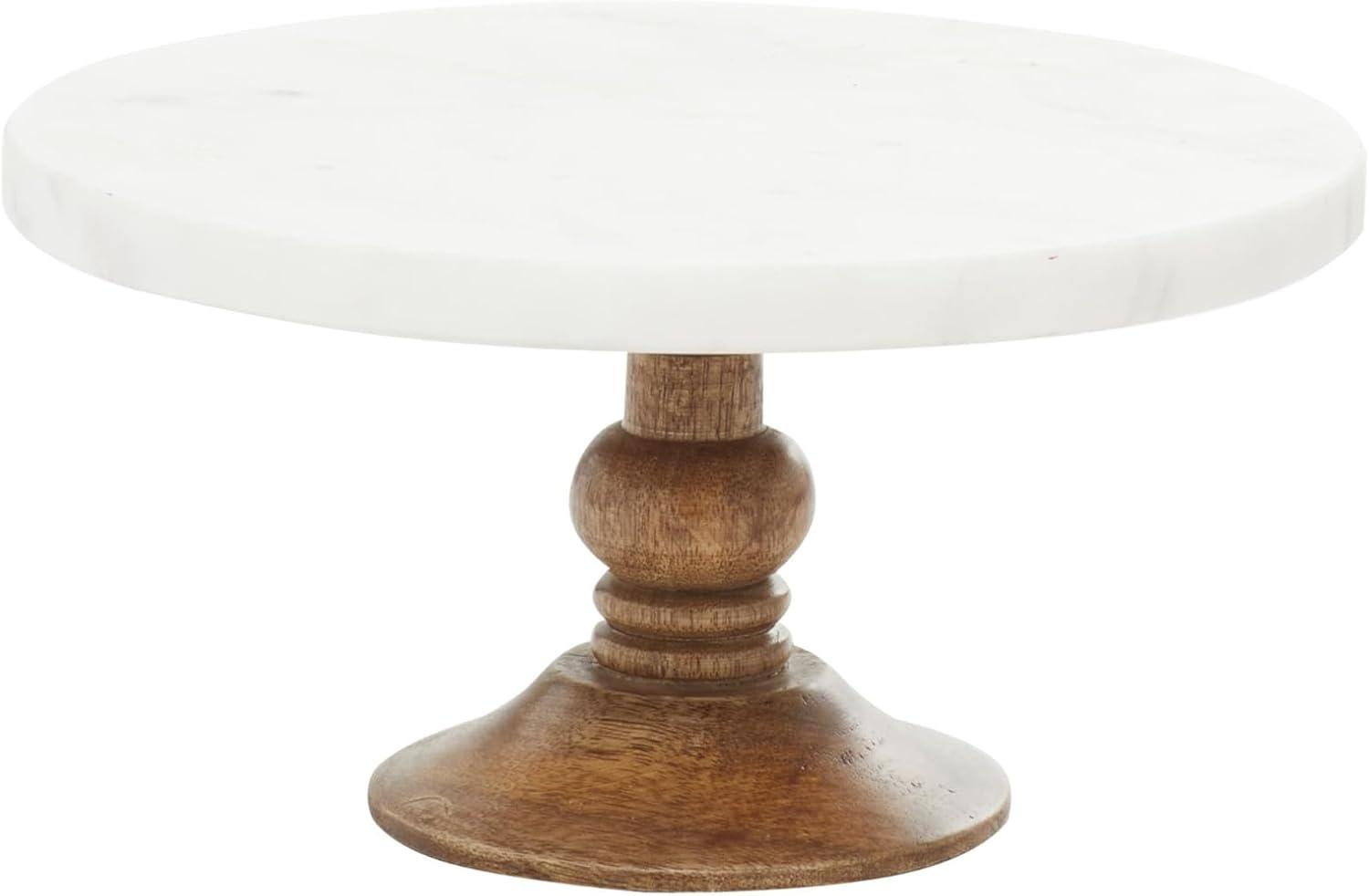 White Marble and Brown Wood Cake Stand, 10" x 5"