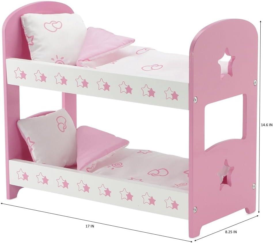 Emily Rose 14.5 Inch Doll Furniture Lovely Pink And W Hite Star Themed 14 inch Doll Bunk Bed, Includes Reversible Bedding