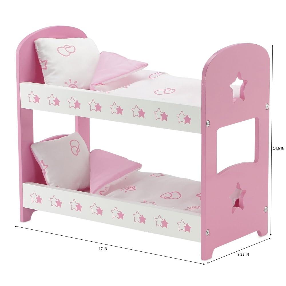 Emily Rose 14.5 Inch Doll Furniture Lovely Pink And W Hite Star Themed 14 inch Doll Bunk Bed, Includes Reversible Bedding