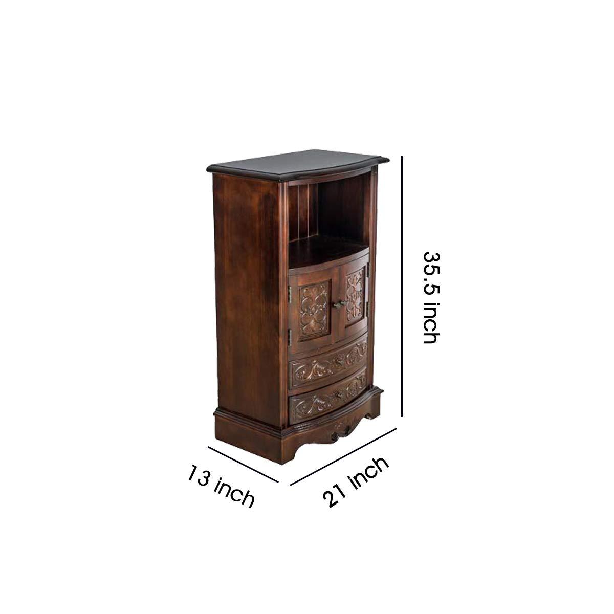 Brown Birchwood Engraved Storage Cabinet with 2 Drawers and 2 Doors