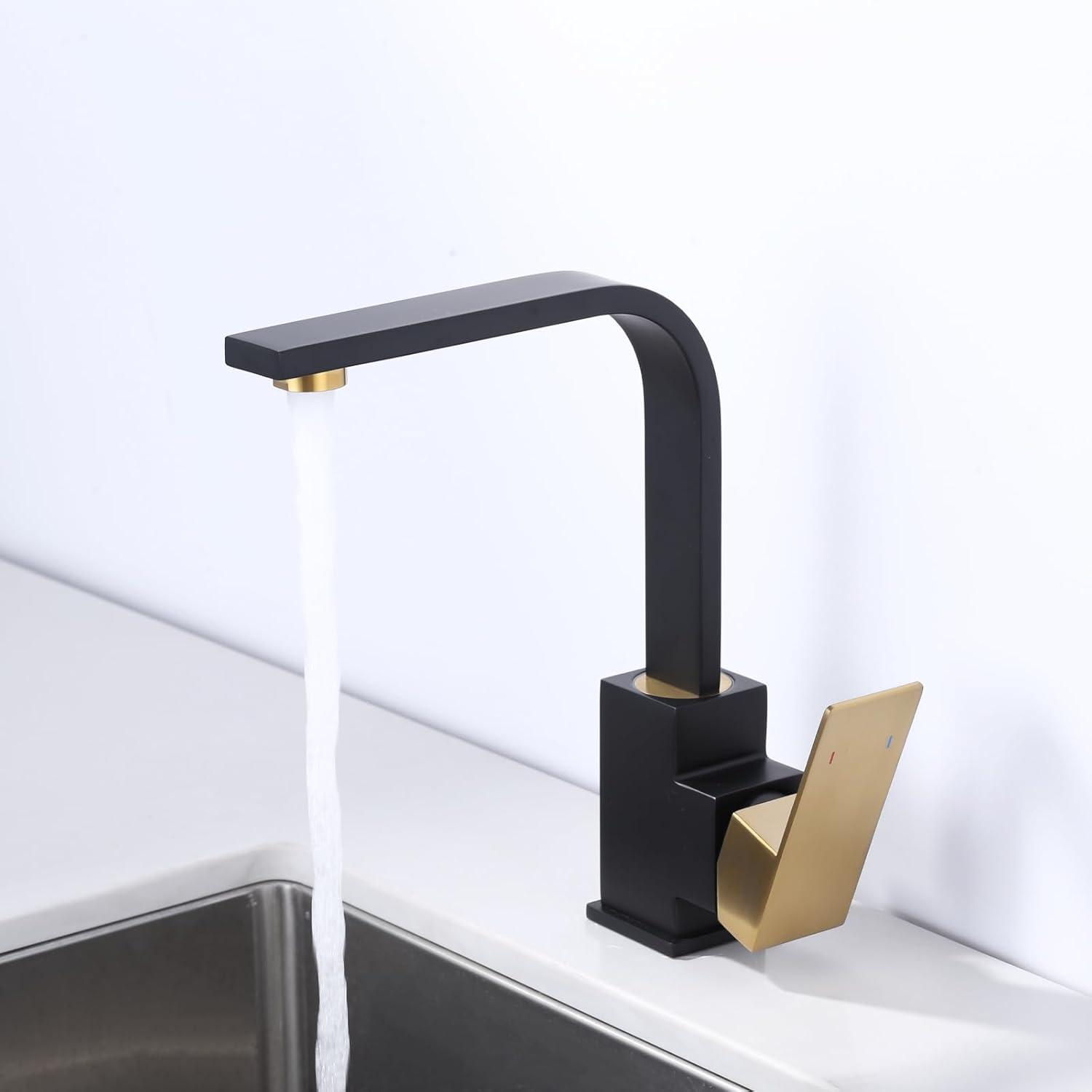 Modern Single Handle Bar Faucet with Water Supply Line in Black and Gold