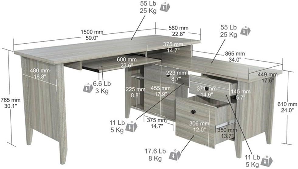 Espresso Oak L-Shaped Corner Desk with Keyboard Tray and Filing Cabinet