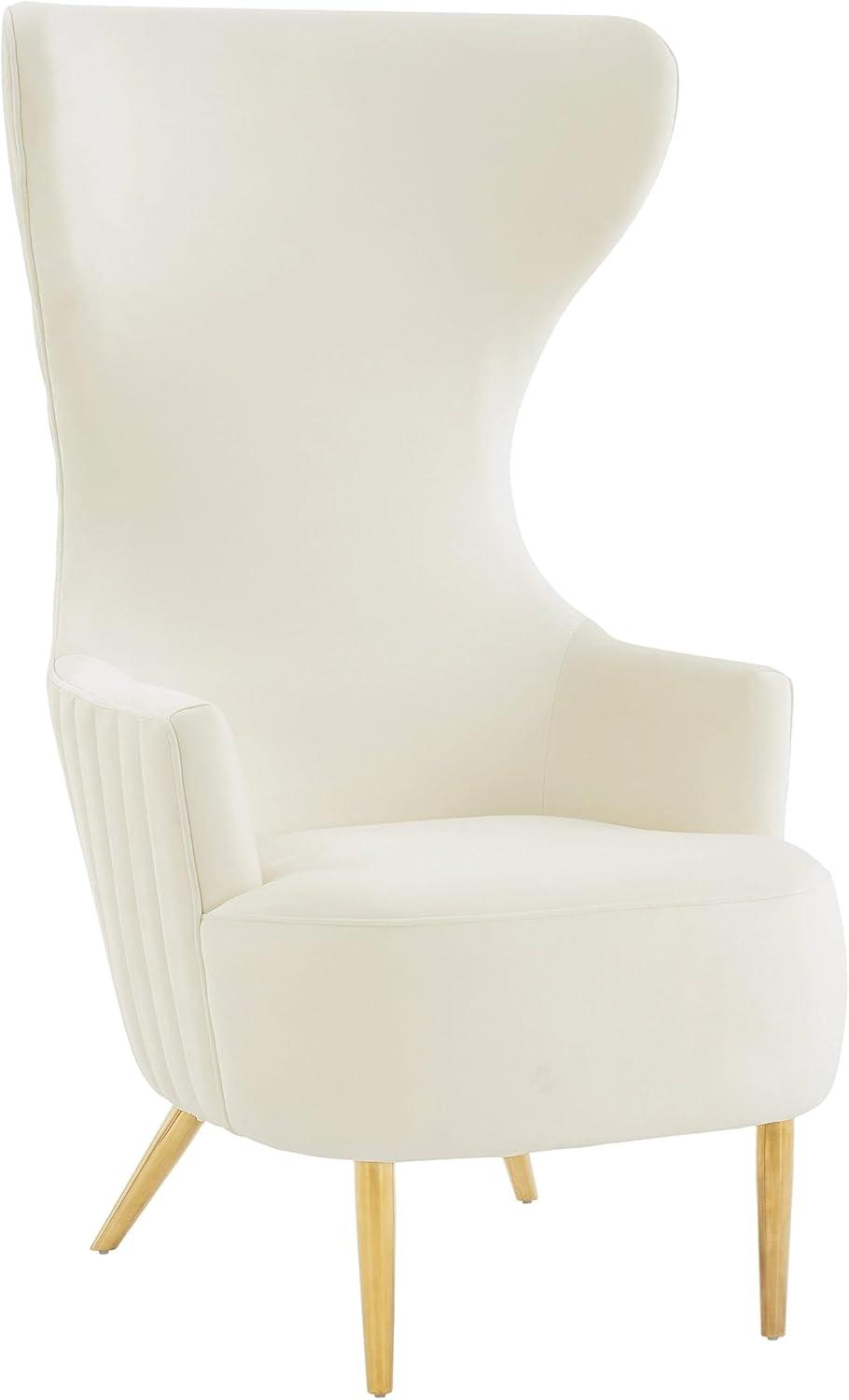 Pemberly Row Velvet Channel Tufted Wingback Chair in Cream Finish