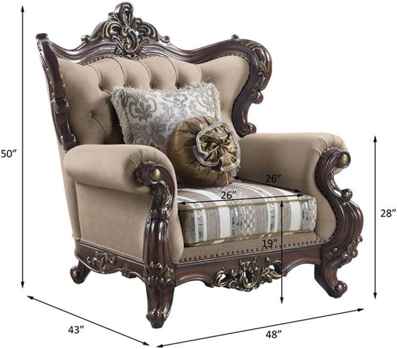 Light Brown Linen and Cherry Wood Floral Accent Chair