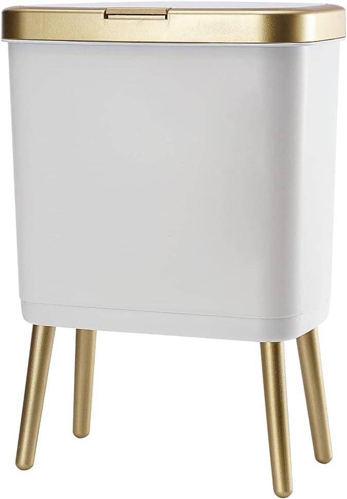 LIKOBI Trash Can with Lid,Bathroom Trash Can with Gold Edge,Slim Plastic Trash Bin for Bedroom,4 Gallon