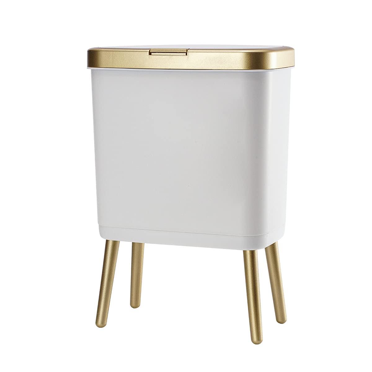 LIKOBI Trash Can with Lid,Bathroom Trash Can with Gold Edge,Slim Plastic Trash Bin for Bedroom,4 Gallon