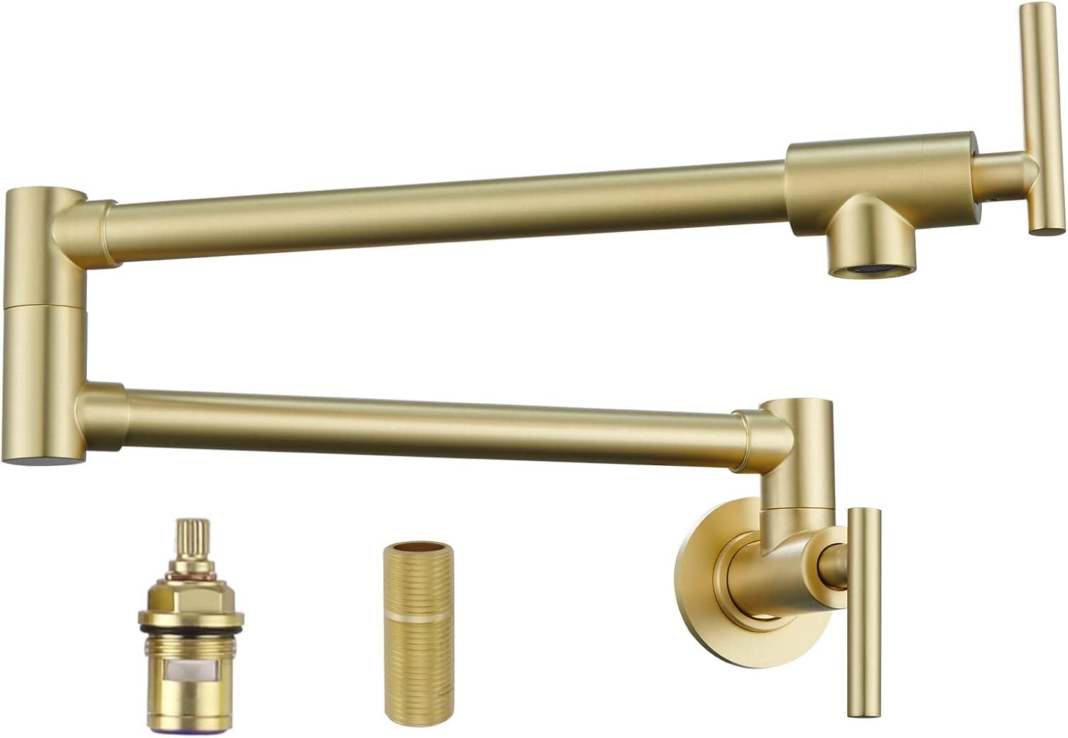 Havin Pot Filler Faucet Wall Mount,with Double Joint Swing Arms,Single Hole, 2 Handles with 2 cartridges to Control Water (Style A Brushed Gold)