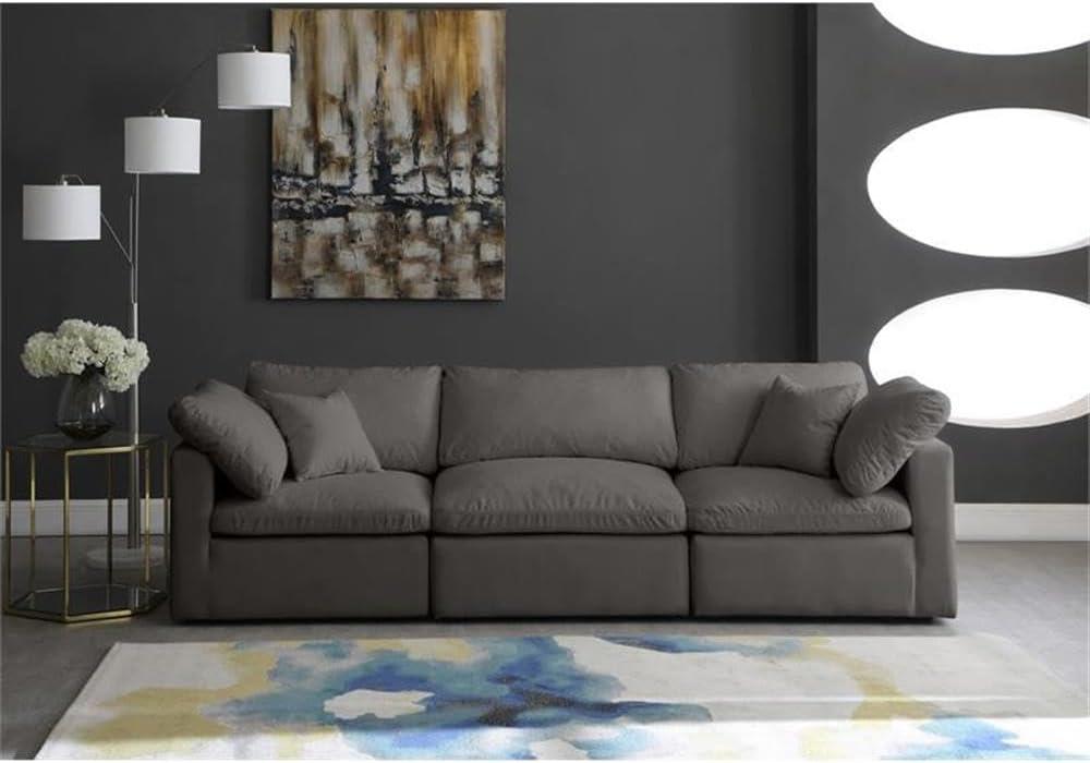 Meridian Furniture Plush Standard Modular Sofa, Soft Grey Velvet, Overstuffed Down Feather Cushions