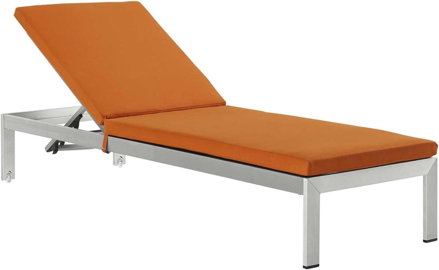 Silver Aluminum Outdoor Chaise Lounger with Orange Cushions