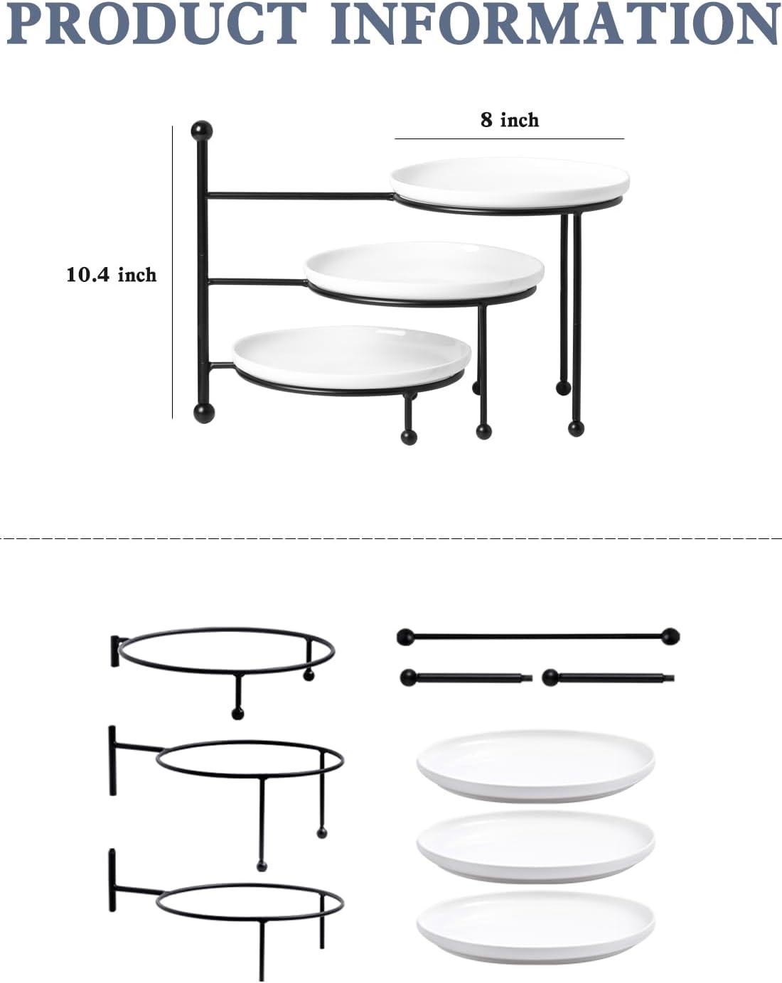 White Ceramic 3-Tier Round Serving Stand with Black Metal Frame