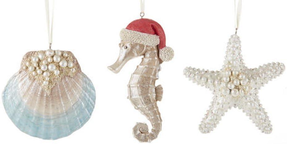 Coastal Christmas Ornaments - Seahorse, Starfish, Clam Shell Holiday Beach Tree Decorations, Set of 3