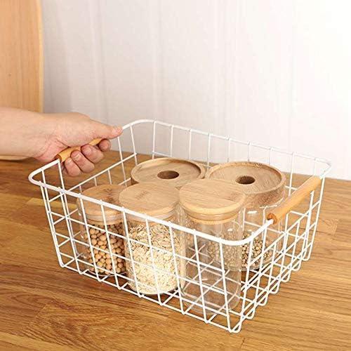 Wire Basket 2 Pcs Wire Storage Baskets Wire Baskets Organizing with Wooden Handles Wire Basket Pantry Organization and Storage Metal Wire Food Storage Basket for Kitchen, Cabinets (White 2PCS)