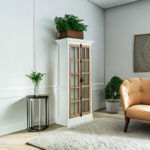 Antique White and Brown Lighted Curio Cabinet with Glass Doors