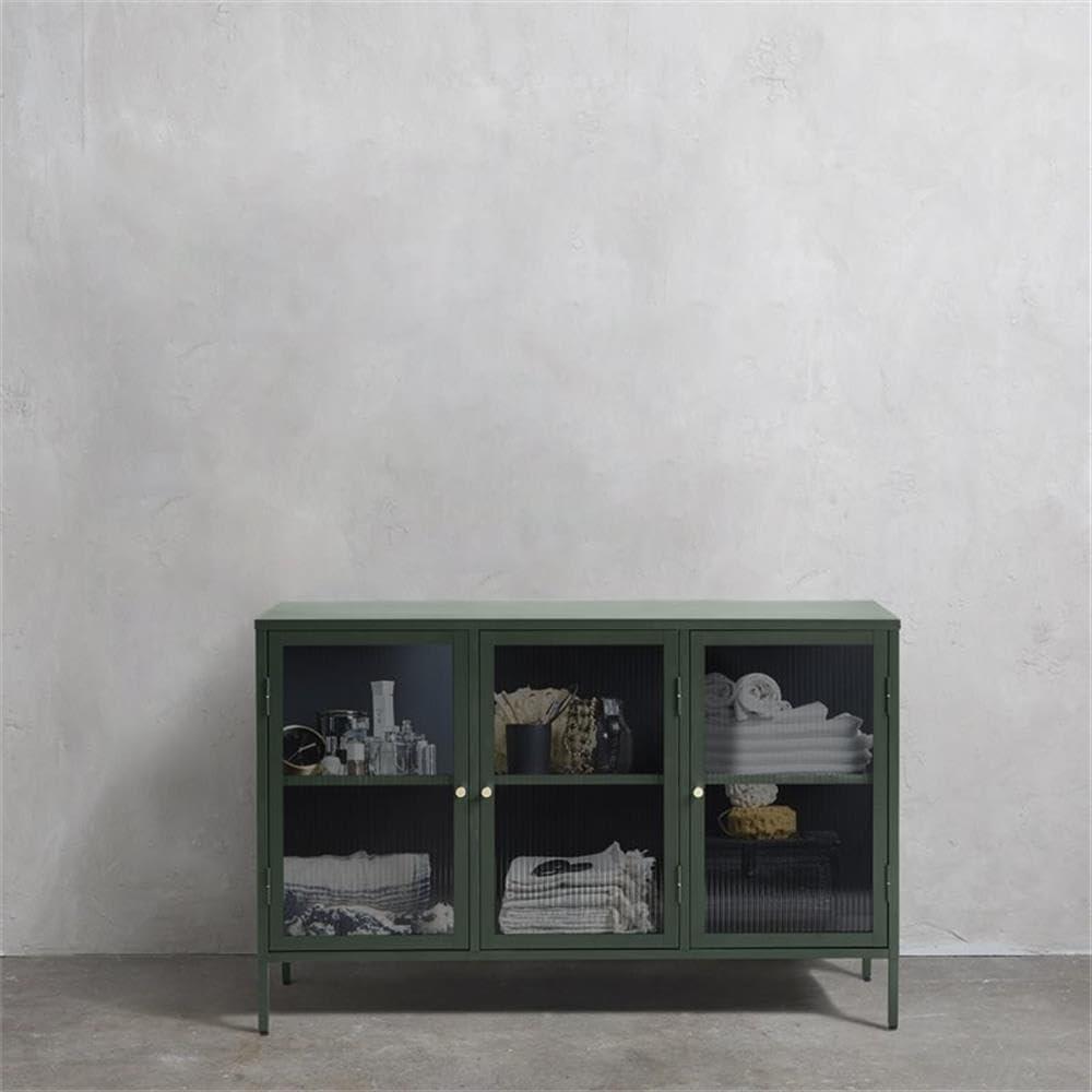 Green Metal and Glass 3-Door Sideboard with Adjustable Shelves