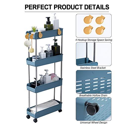 Melody House 4-Tier Slim Storage Cart, Navy Blue, Easy to Install, Durable Plastic and Stainless Steel Shelving Unit, Ideal for Small Spaces