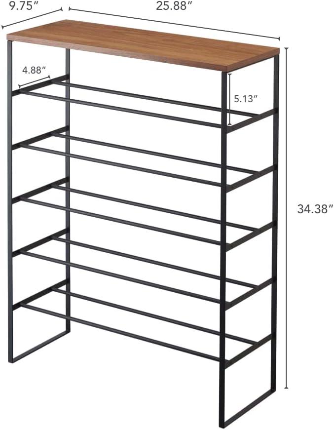 Sleek 6-Tier Black Metal Shoe Rack with Wood Top