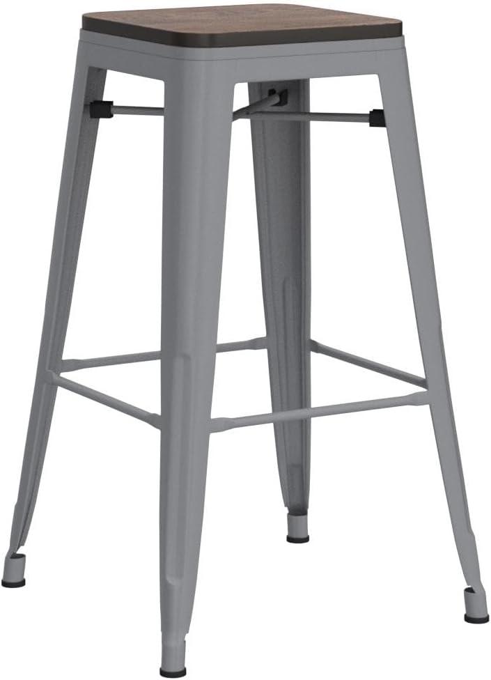 24" Backless Metal Counter Stool Height Bar Stools [Set of 4] Barstools with Wooden Seat, Silver