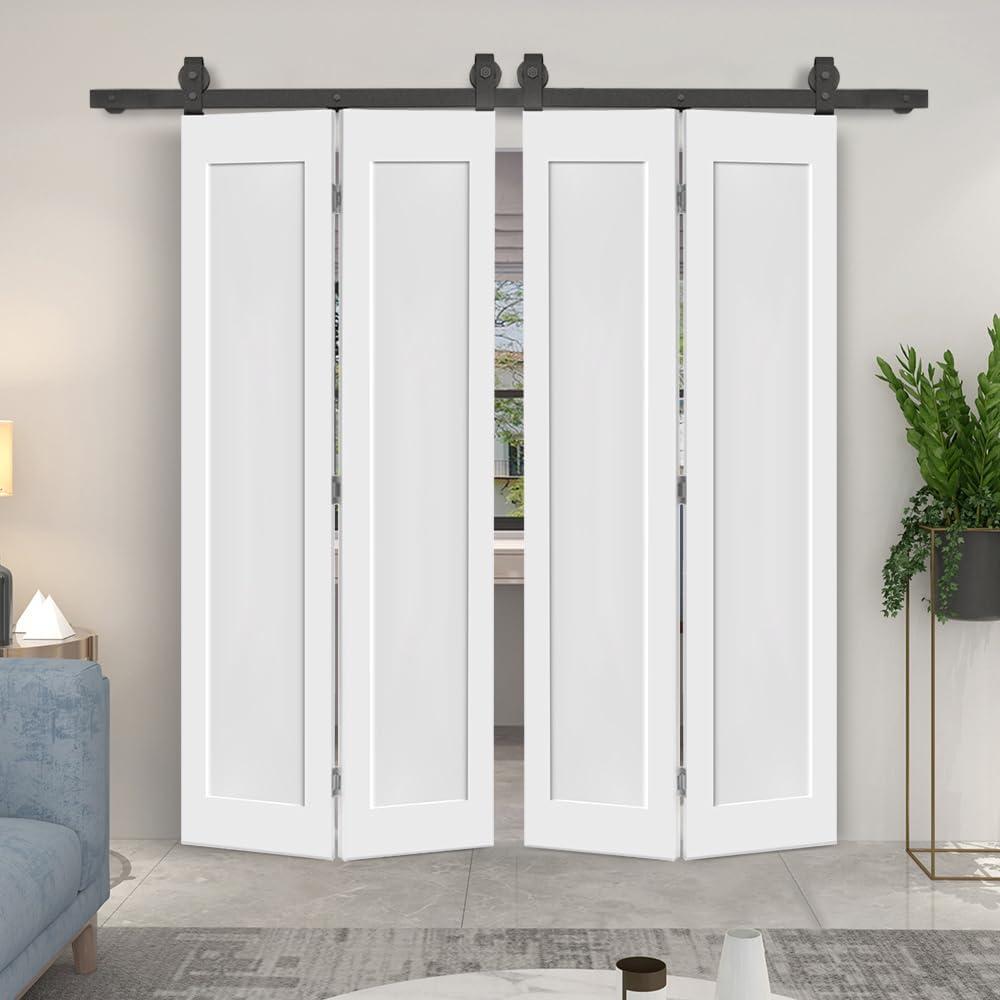 64 in. x 80 in. 1 Panel Shaker Hollow Core White Composite Double Bi-Fold Door with Barn Door Hardware Kit
