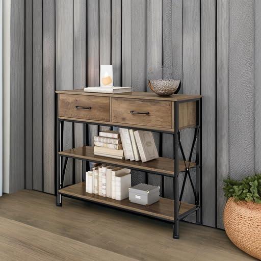Homfa Console Table with Drawers, 11.8'' Narrow Entryway Table with Storage Shelves, Sofa Table for Living Room, Rustic Brown