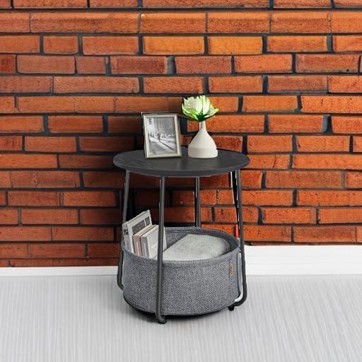 Ebony Black Round Metal Side Table with Fabric Basket