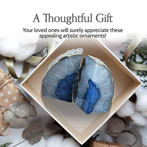 Nature's Decorations Agate Bookends - A Quality Blue Geode with Non-Skid Rubber Bumpers for Shelves, Office, Home Decor - Heavy Duty Cool Crystal Stone Book End Pair for Decoration (3-4 LB)
