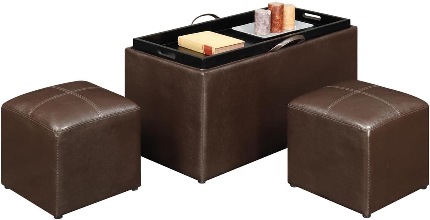 Espresso Faux Leather Footstool Bench with Built-In Tray and Side Ottomans