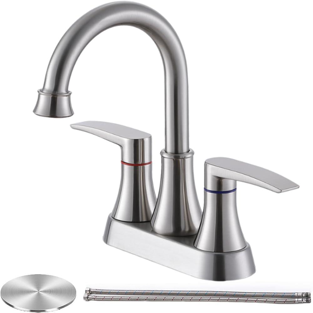 Brushed Nickel Bathroom Faucet, 2-Handle Lead-Free 360° Swivel High-Arc Spout 4 Inch Centerset Bath Lavatory Vanity Sink Faucets Set for Sinks with Drain & Water Hoses, VABM80008L