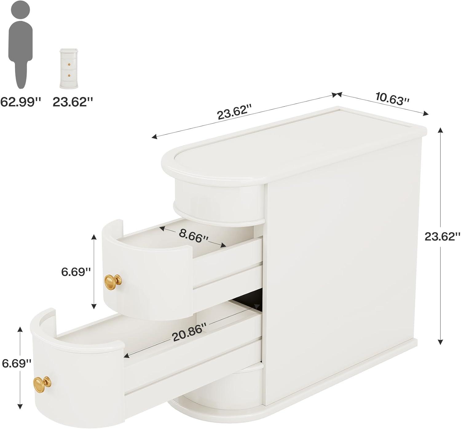 Hommoo Wood Narrow Nightstand with 2 Drawers Off-White