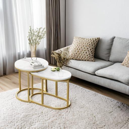 Modern Round White Marble and Gold Nesting Coffee Table Set