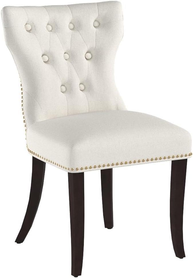 Beige Upholstered Tufted Side Chairs with Nailhead Trim, Set of 2