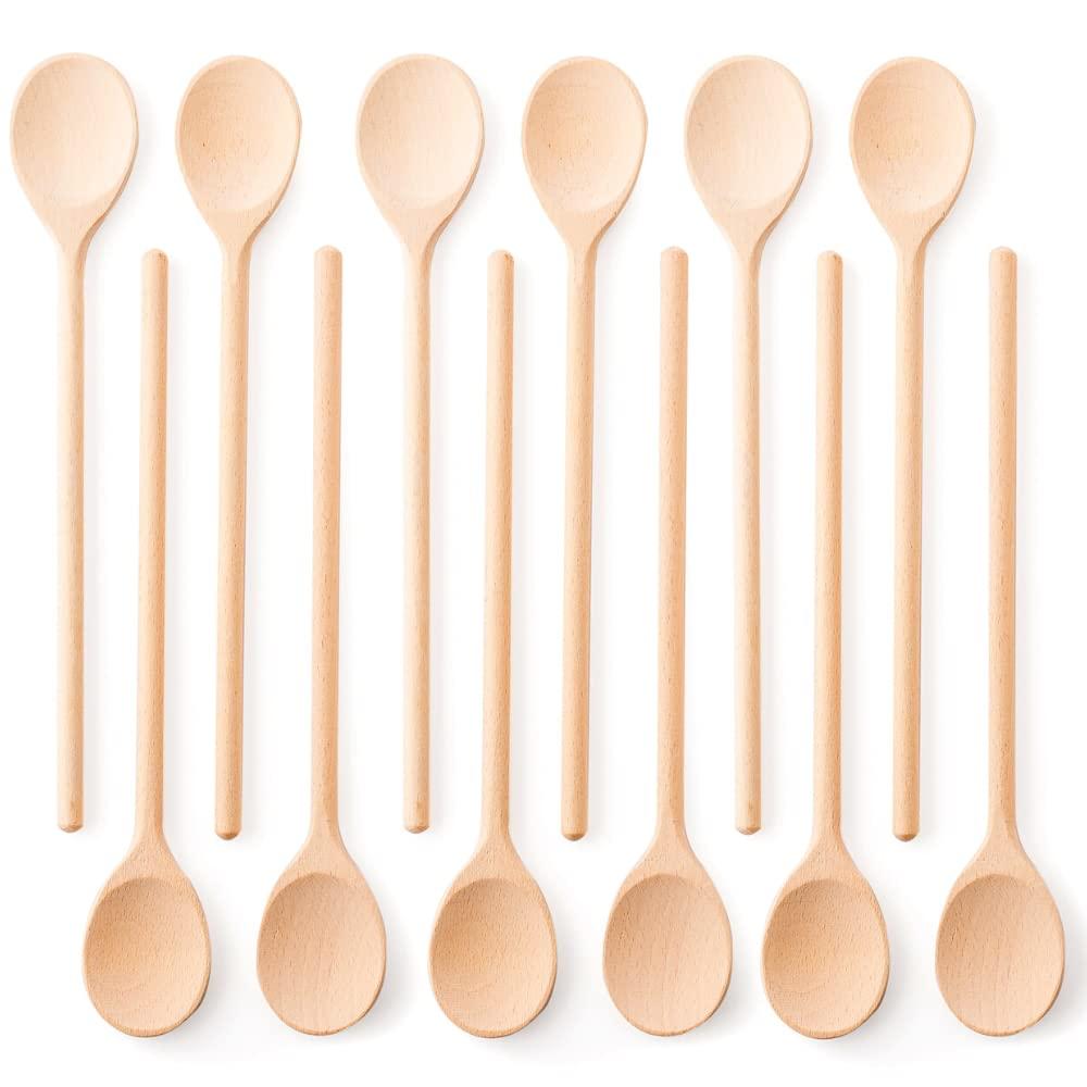 Mr.Woodware 12 Inch Wooden Spoons for Cooking - Set of 12 Long Handle Oval Wooden Spoon for Mixing, Stirring, Tasting - Kitchen Wooden Utensils For Cooking and Crafts, Personalized Wood Burning