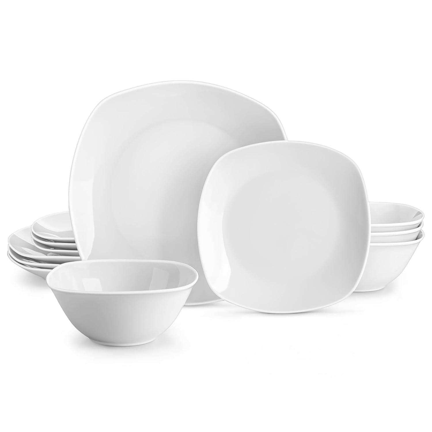 MALACASA Plates and Bowls Set, 12 Pieces Porcelain Dinnerware Sets, Gray White Dishes Set for 4, Chip and Scratch Resistant Square Dishware Sets, Series ELISA