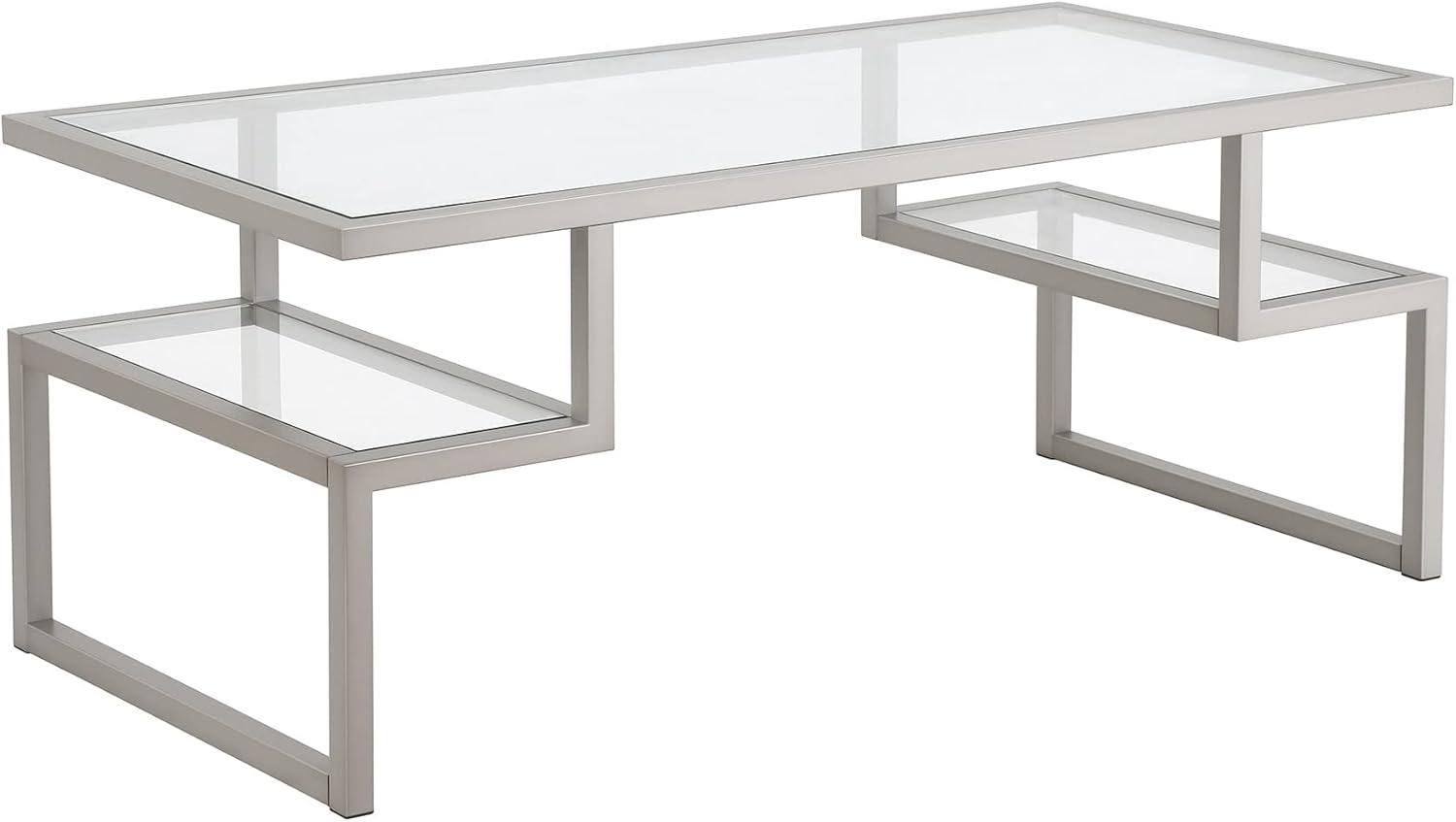 Zander Nickel Finish Rectangular Coffee Table with Tempered Glass Top