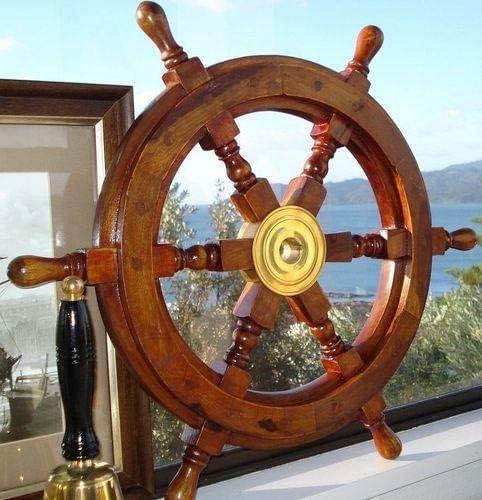 Handcrafted 30" Brown Wood and Brass Nautical Ship Wheel