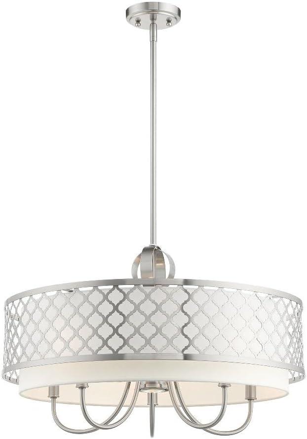 Brushed Nickel 6-Light Drum Chandelier with Off-White Shade