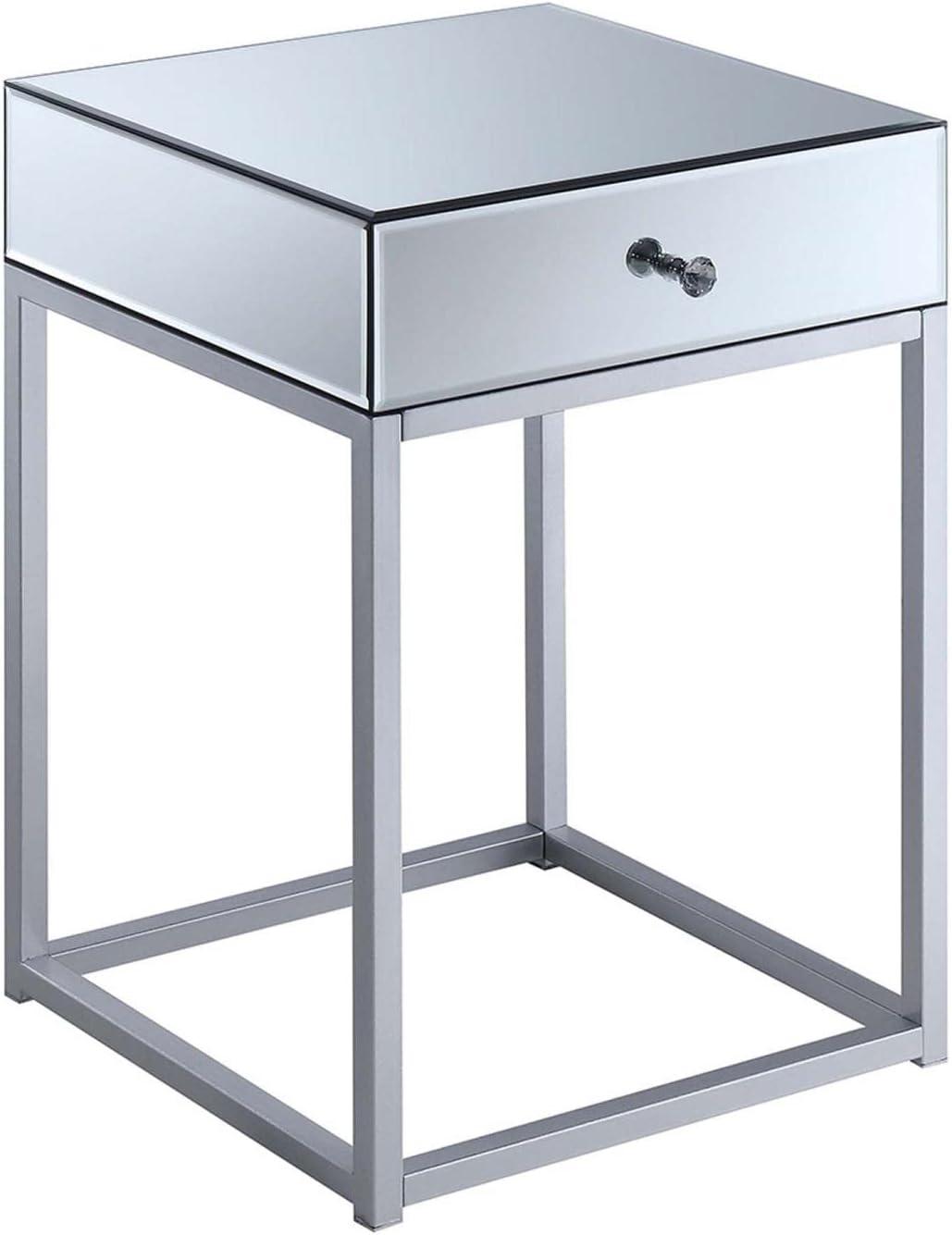 Glamorous Mirrored Square End Table with Metal Frame and Storage