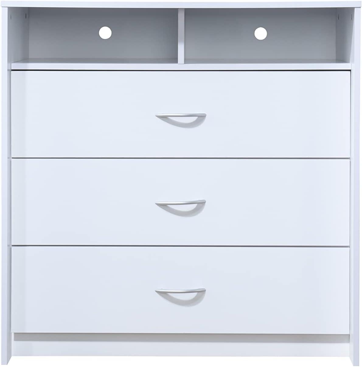 Sleek White Engineered Wood 3-Drawer Dresser with Open Shelf