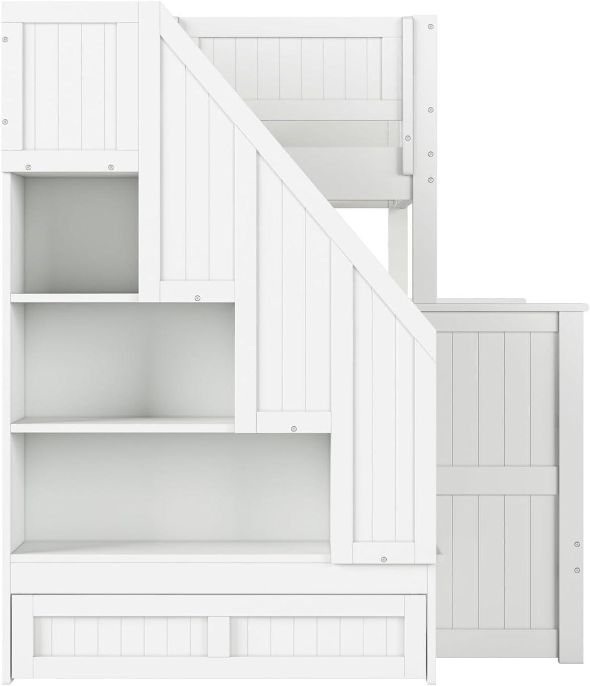 Dover Twin over Full Wood Staircase Bunk Bed with Drawer & Trundle in White
