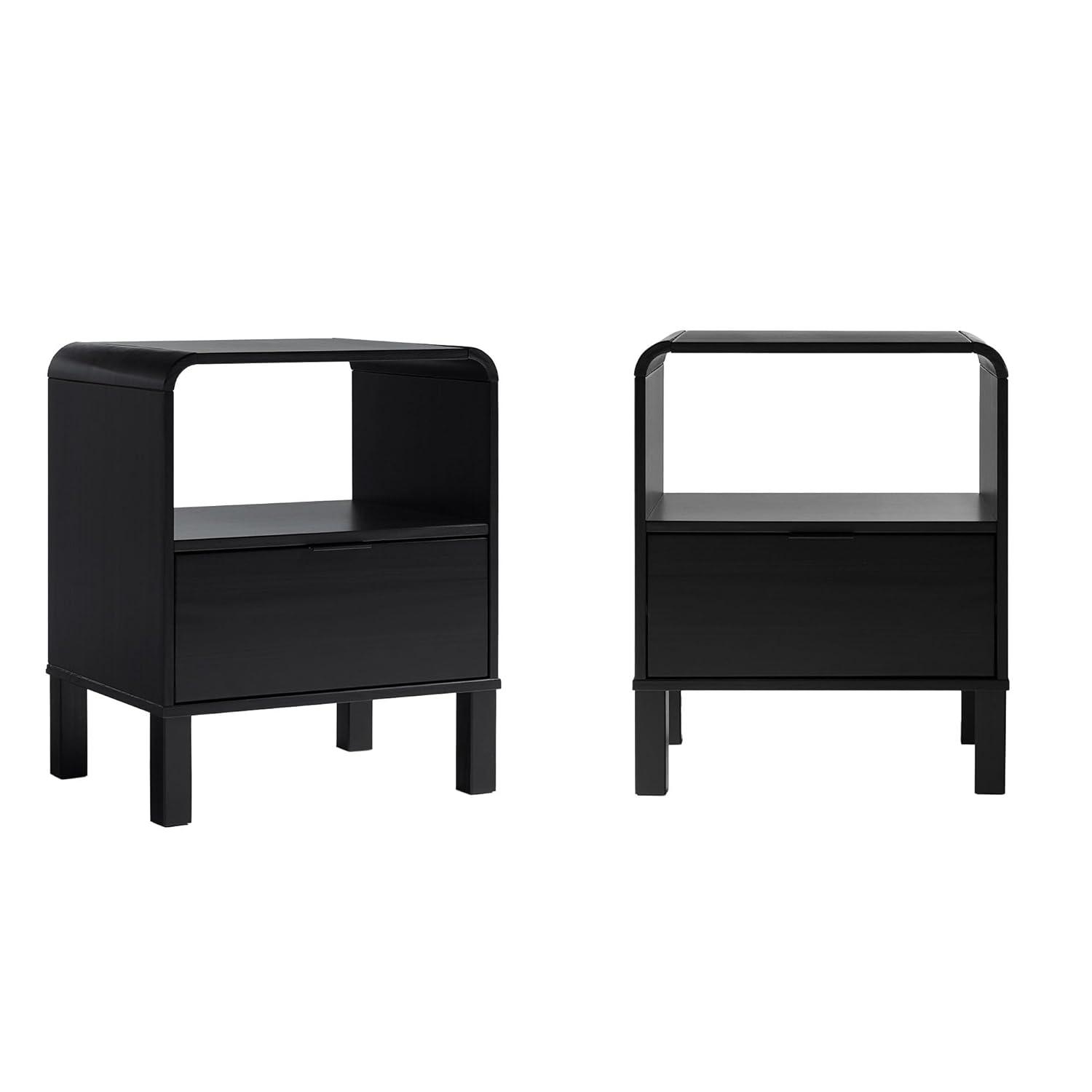 Black Solid Pine Wood Modern Nightstand Set with Drawer, 2-Pack