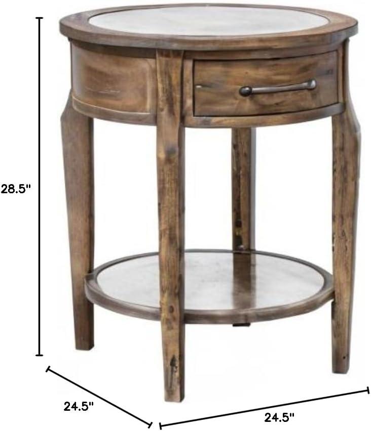 Rustic Brown Round Wood and Glass Side Table with Storage