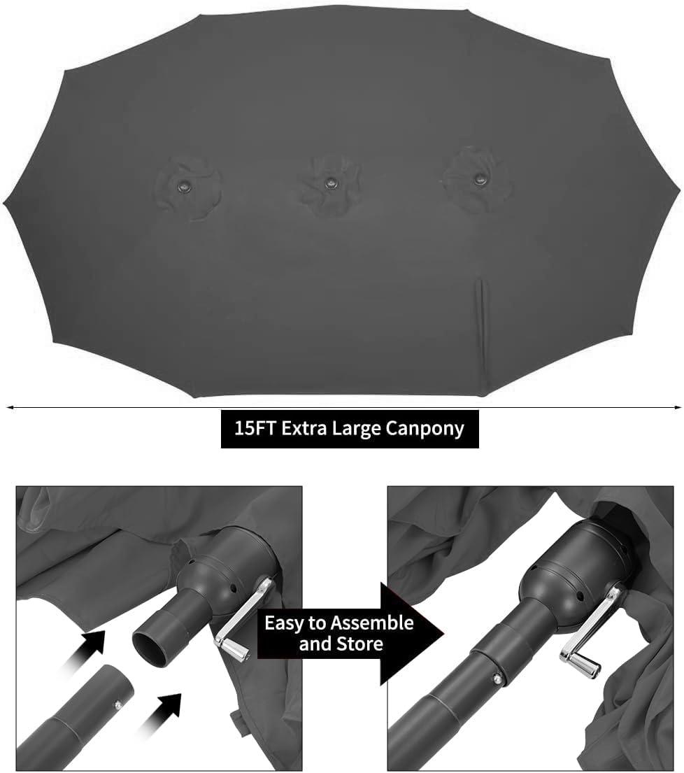 AECOJOY 15x9ft Double-Sided Patio Umbrella Outdoor Market Umbrella Large Umbrella Table 177''x104'' Umbrellas with Crank Air Vents for Deck Pool Patio (1.9" Pole, Dark Grey)