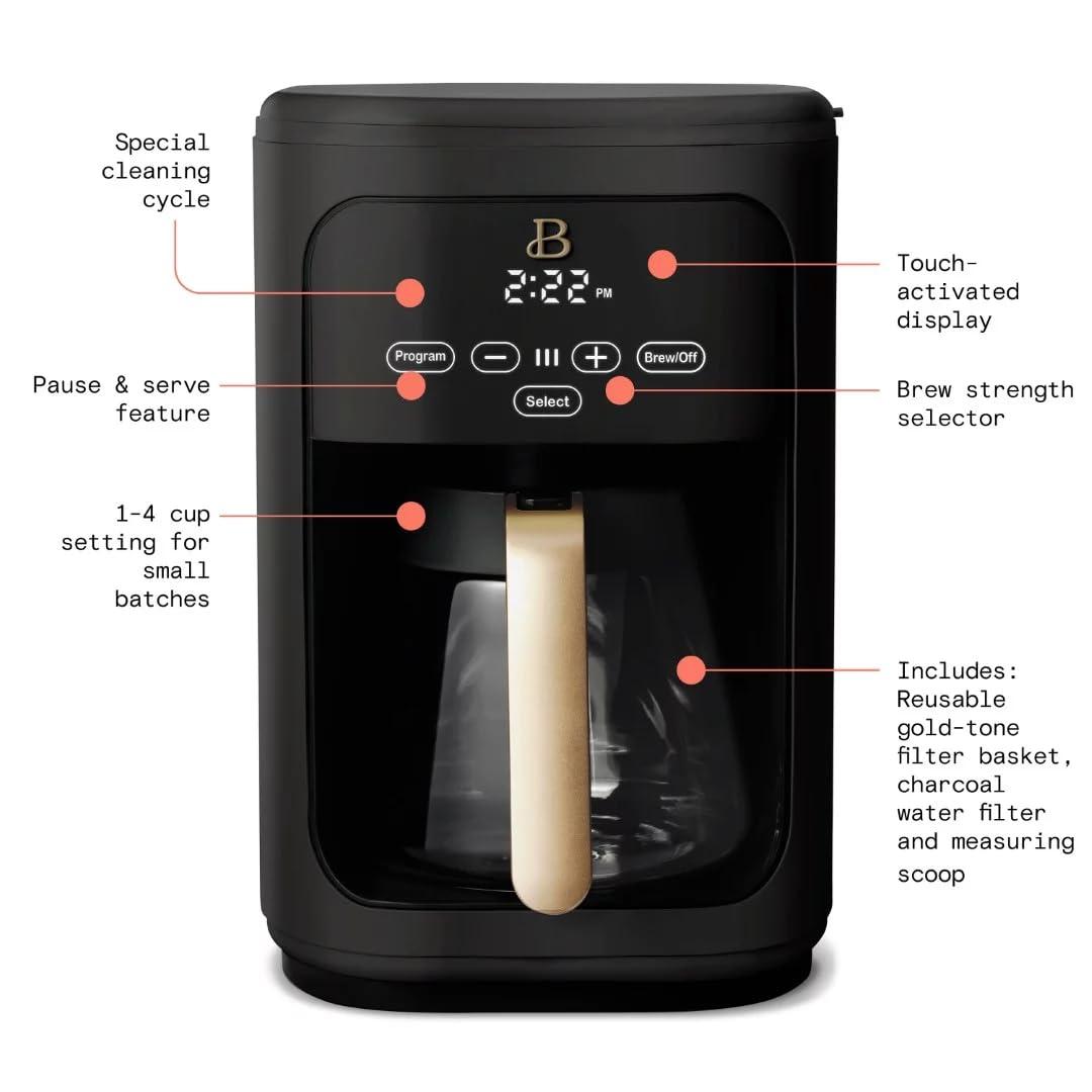 Beautiful 14-Cup Programmable Drip Coffee Maker with Touch-Activated Display, Oyster Grey by Drew Barrymore