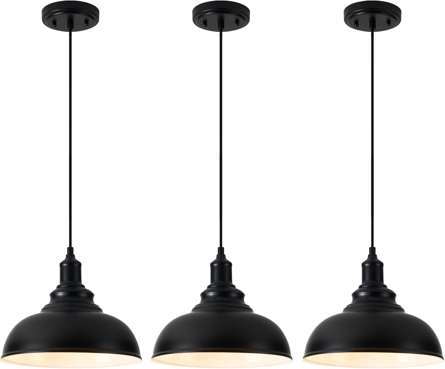 KAYYELAMP 3-Pack Black Metal Shade Hanging Light E26 Black Base Adjustable Height Droplight Retro Design Pendant Light for Kitchen Island Sink Home