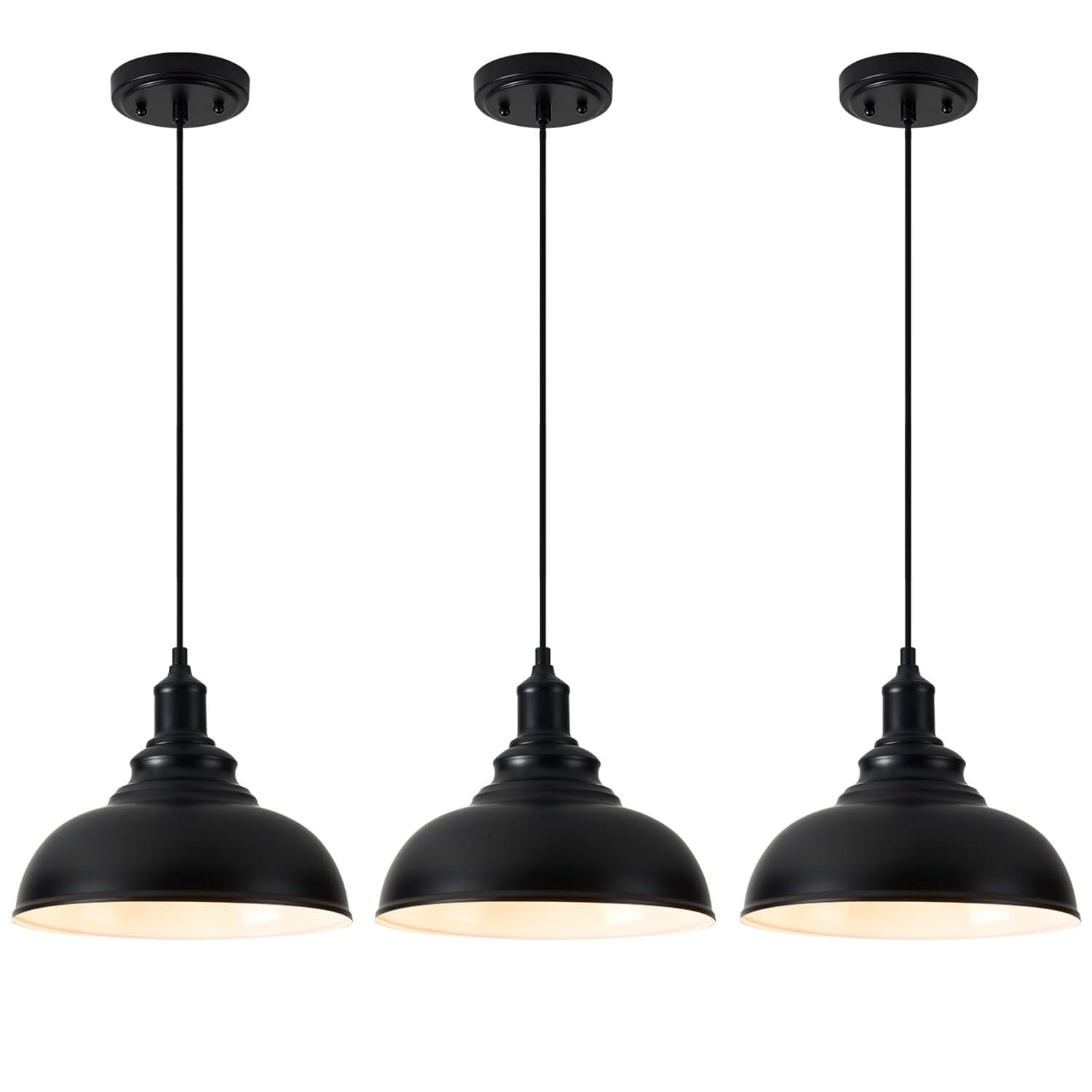 KAYYELAMP 3-Pack Black Metal Shade Hanging Light E26 Black Base Adjustable Height Droplight Retro Design Pendant Light for Kitchen Island Sink Home