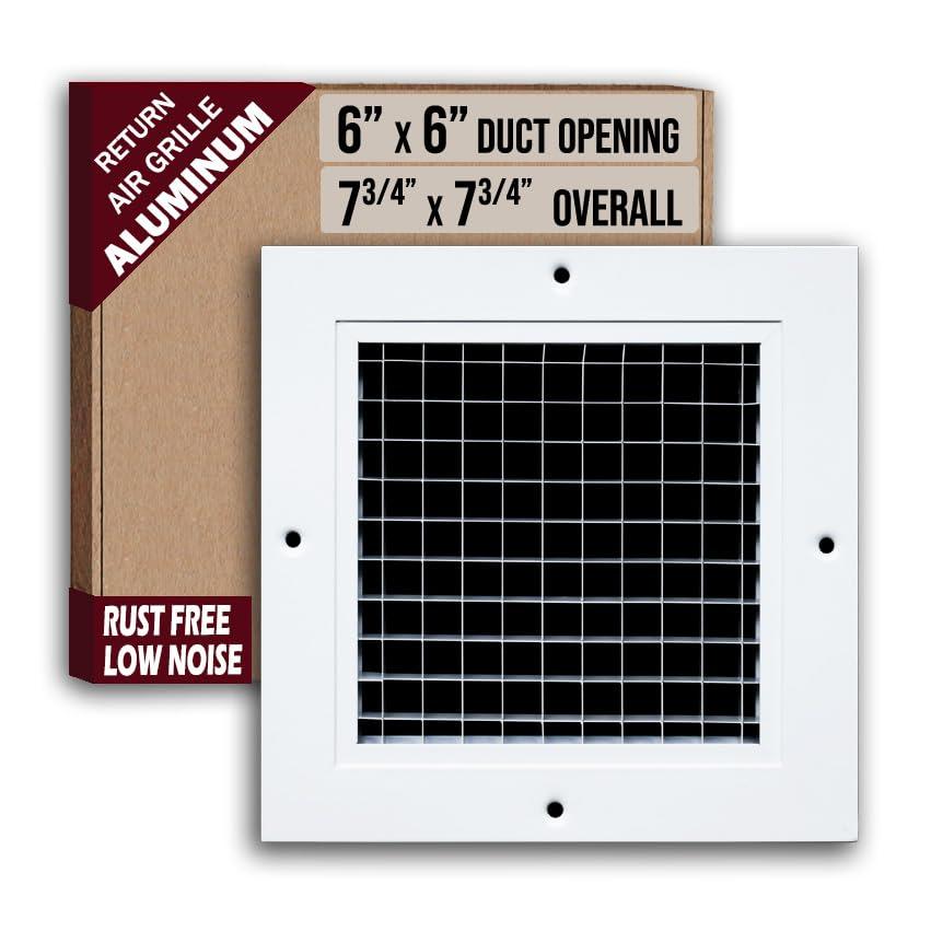 Fits 6x6 Duct Opening | Aluminum Eggcrate Return Air Grille | Low Noise & High Air Flow, Rust Proof Vent Cover Grill for Sidewall & Ceiling | White | Outer Dimensions: 7.75" X 7.75"