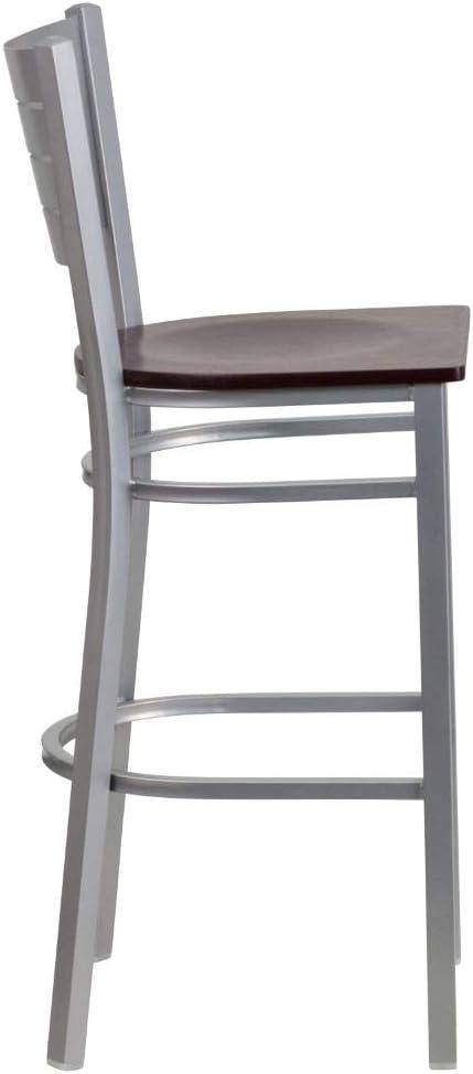 Sleek Silver Metal and Mahogany Wood Slat Back Barstool