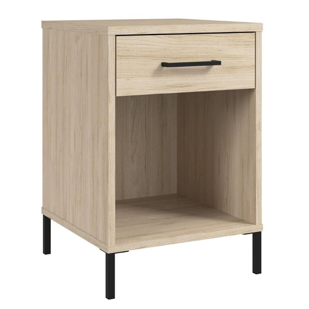 Natural Elm Small End Table with Drawer and Black Metal Legs