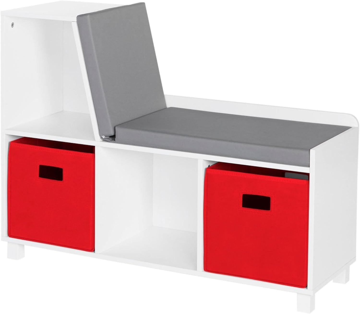 RiverRidge Home RiverRidge Kids Reading Book Nook Cushioned Toy Storage Bench with Cubby Organizers and 2 Fabric Bins- White