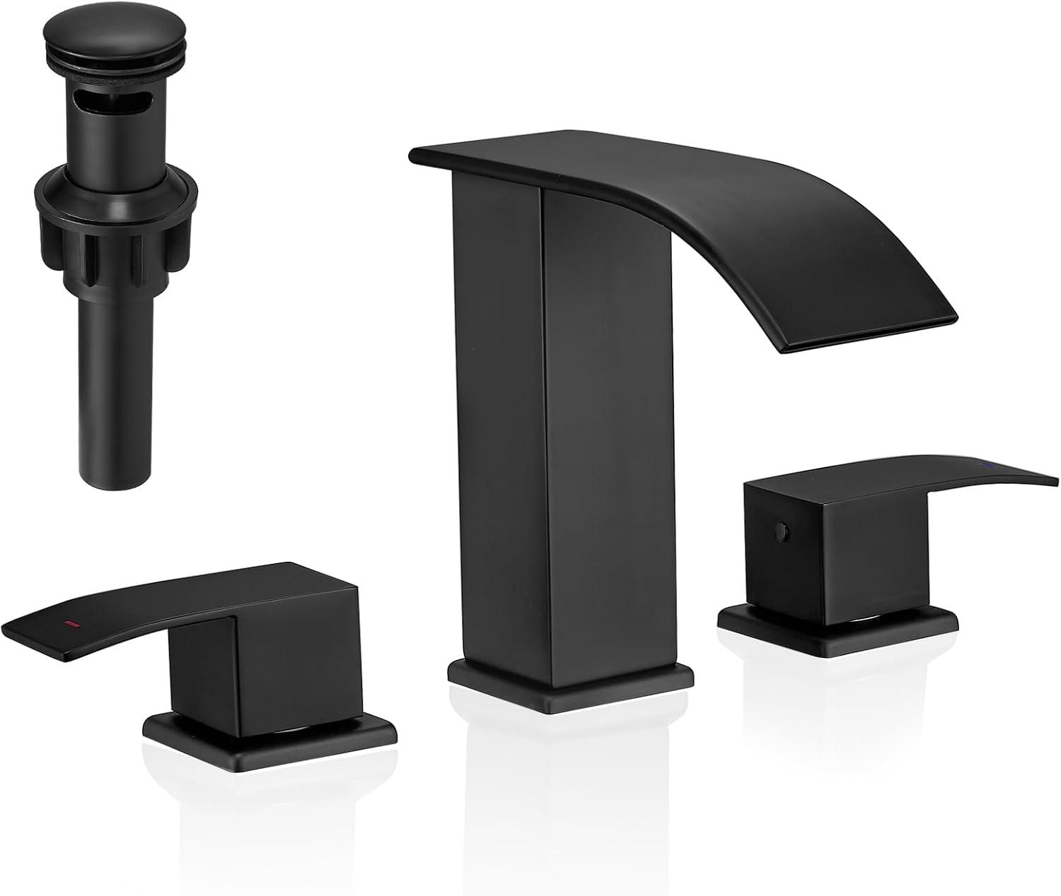 Matte Black Modern Waterfall 3-Piece Bathroom Faucet Set