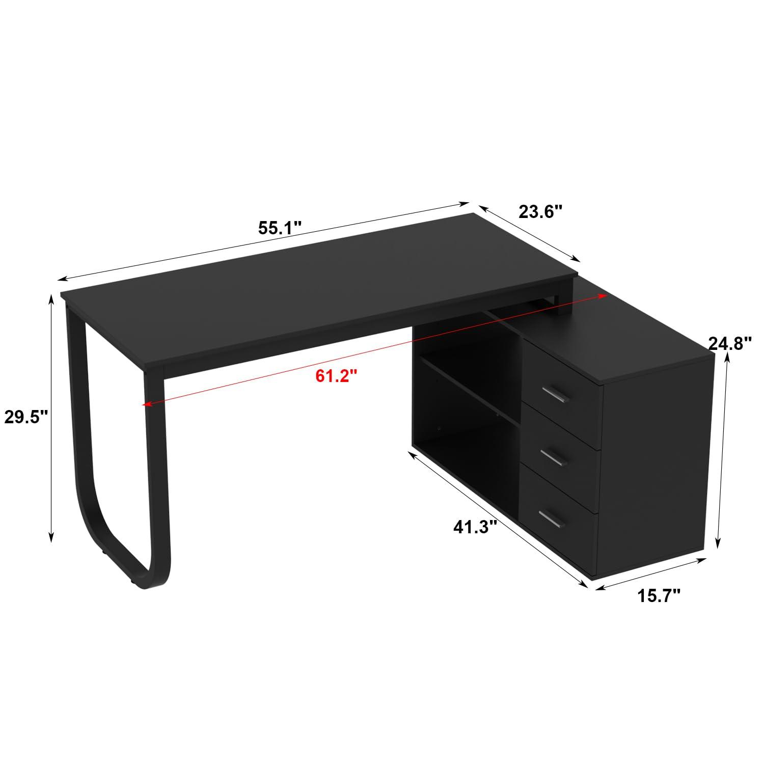 KULAGAGA L Shaped Computer Desk Corner Writing Workstation Table with Cabinet Drawer Storage for Home Office Study, Black